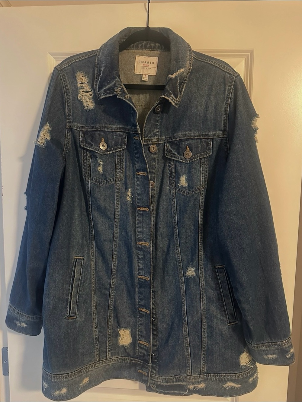 torrid Distressed Dark Blue Denim Jacket
